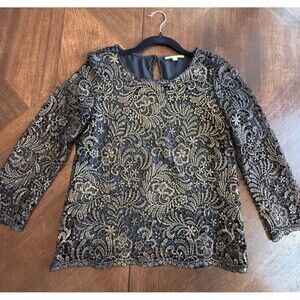 Gianni Bini Black Gold Lace Sheer 3/4 Sleeves Formal  Top Size XS